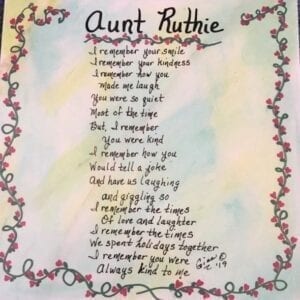 A painting with the words Aunt Ruthie on it.