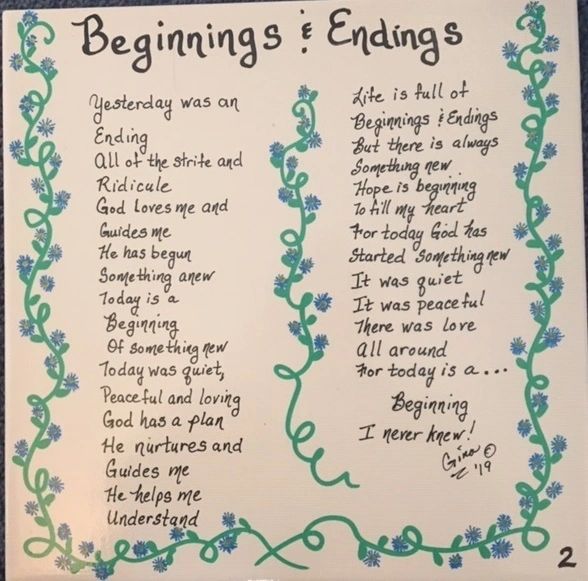 Beginnings & Endings poem written on the sheet of paper.