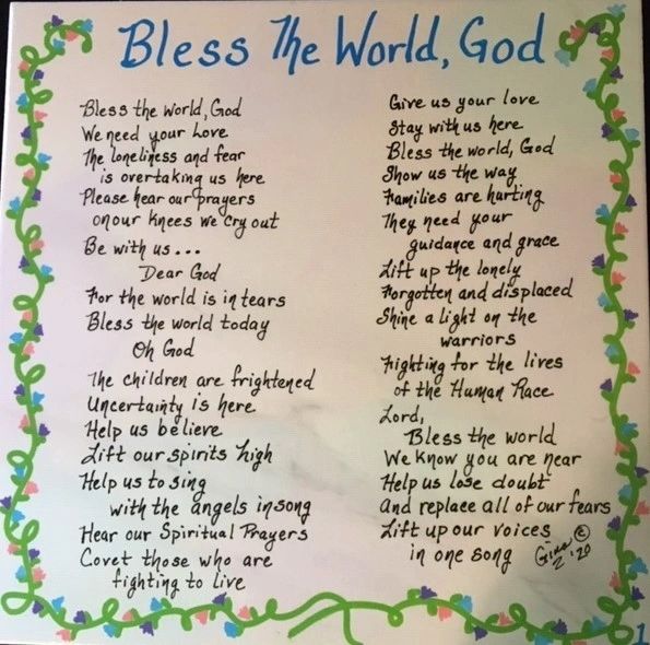 A poster that says "Bless The World, God.