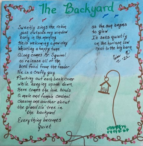A drawing of The Backyard with a poem on it.